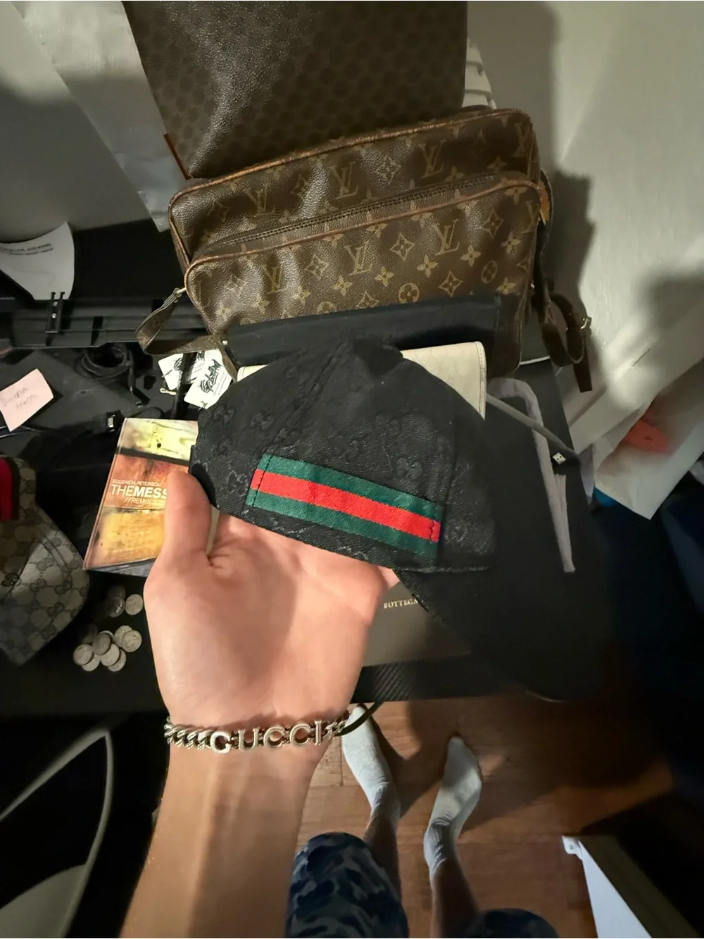 Gucci Men's Black GG Monogram Baseball Cap with Signature Web Stripe
